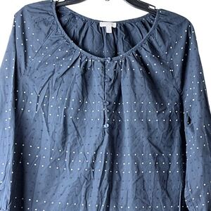 Talbots Blouse Women Large Navy Blue Polka Swiss Dot 3/4 Sleeve Cotton Classic